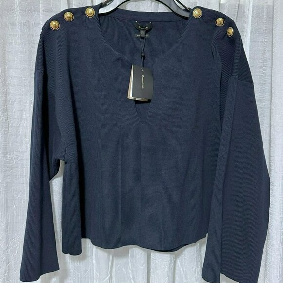 NWT Massimo Dutti Navy V Neck Sweater With Bell Sleeves Gold Buttons Size Small - Picture 1 of 8